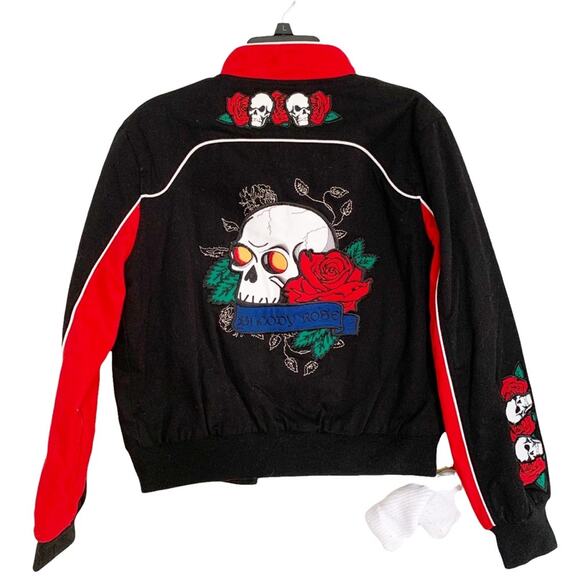 Red Fox Jeans Black Varsity Skull Bomber Jacket Size Large NWT - Picture 4 of 7